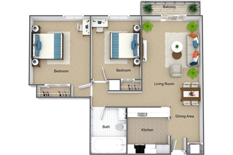 Floor plan for 2 beds, 1 bath, 896 sqft